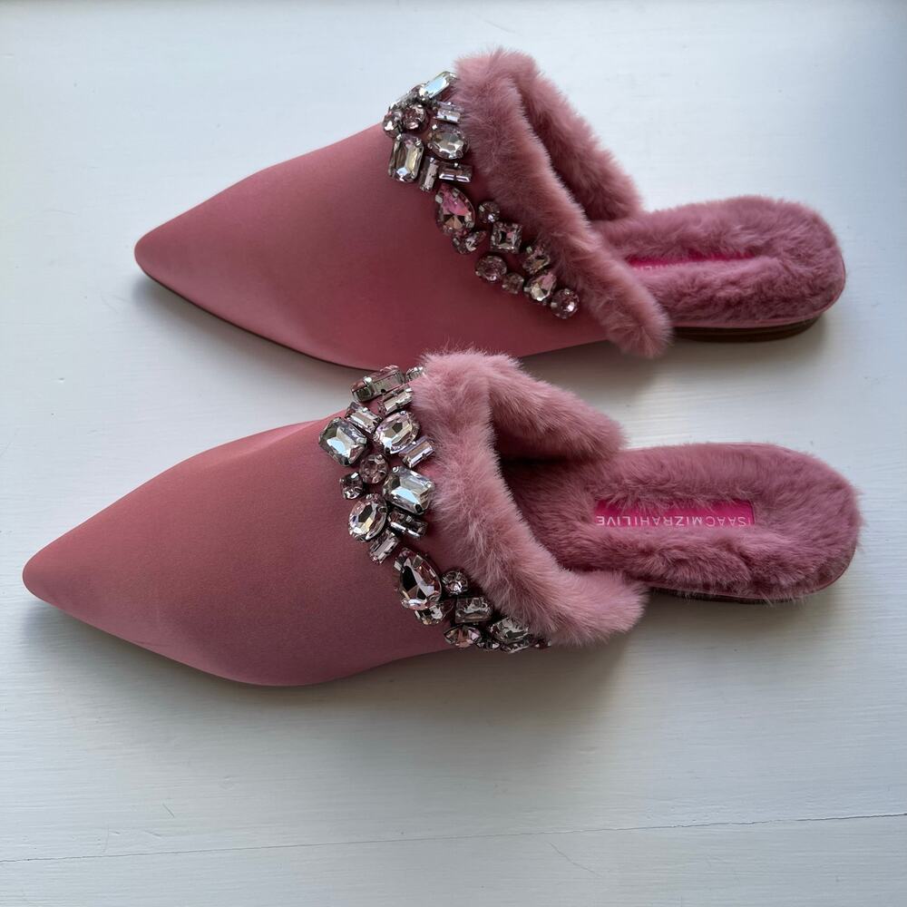 Isaac Mizrahi Live! Embellished Mule Pink 6.5 M Rhinestone Rimmed Faux Fur - Picture 6 of 9